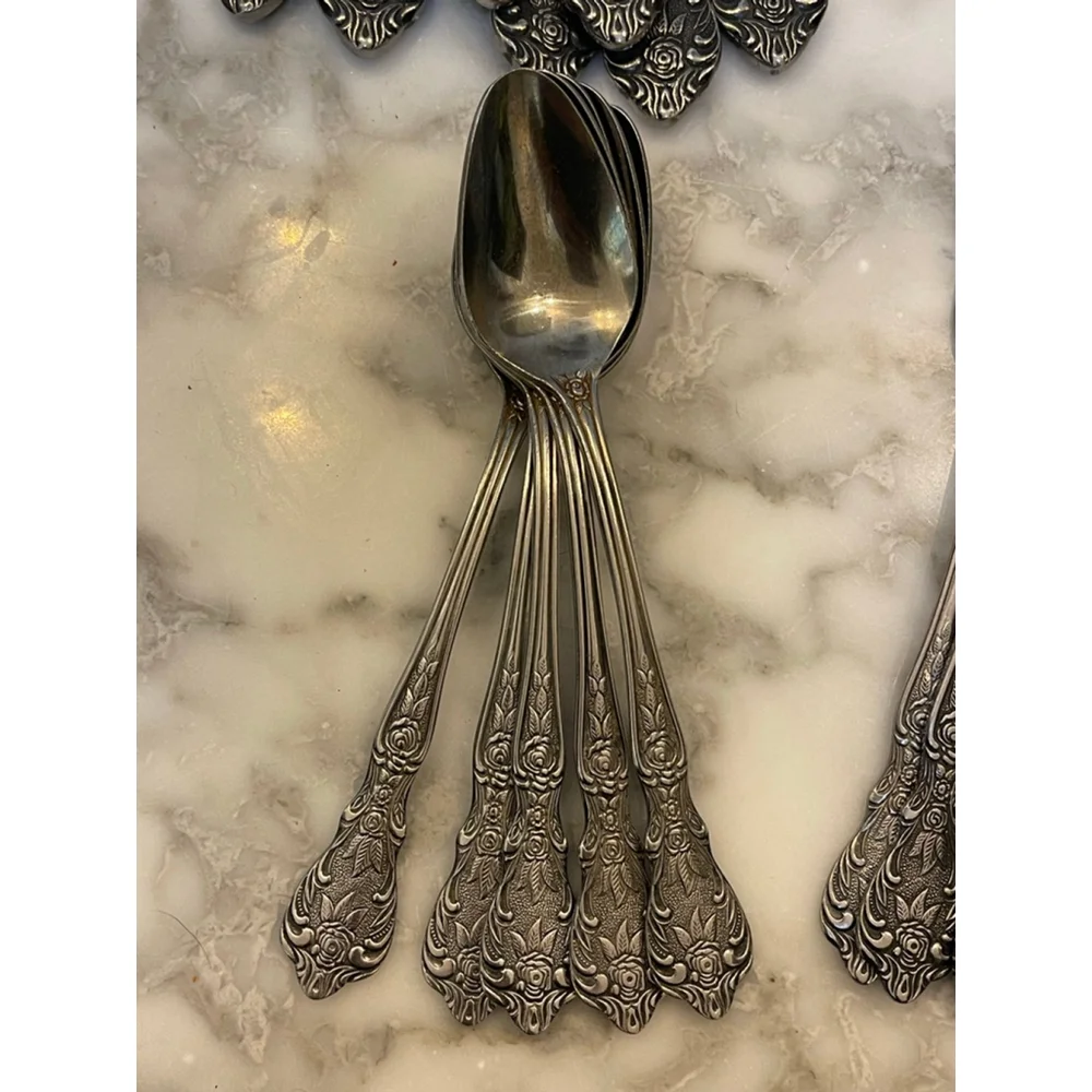 Rose Japan Stainless Baroque Scroll Flatware Set 29 Pc Knives Forks Spoons VTG